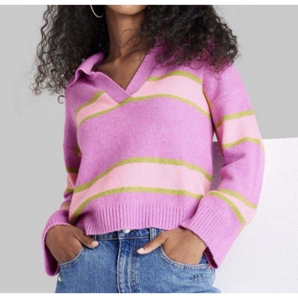 Wild Fable Sweater Womens Size S Purple Green Stripe V Neck Long Sleeve Pullover